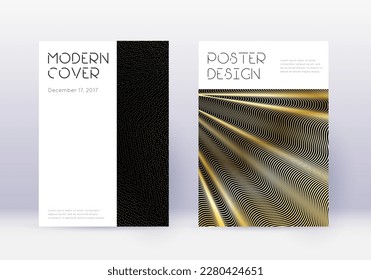 Minimal cover design template set. Gold abstract lines on black background. Cute cover design. Classic catalog, poster, book template etc.