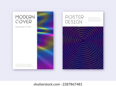 Minimal cover design template set. Rainbow abstract lines on dark blue background. Dazzling cover design. Stunning catalog, poster, book template etc.