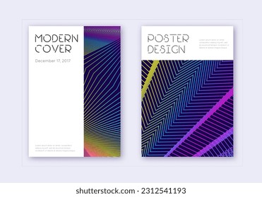 Minimal cover design template set. Rainbow abstract lines on dark blue background. Dazzling cover design. Positive catalog, poster, book template etc.