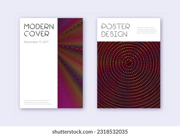 Conjunto mínimo de plantillas de diseño de portada. Líneas abstractas del arcoiris sobre fondo rojo del vino. Diseño de la cubierta decorosa. Gran catálogo, afiche, plantilla de libro, etc.