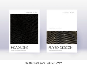 Minimal cover design template set. Gold abstract lines on black background. Delicate cover design. Extraordinary catalog, poster, book template etc.
