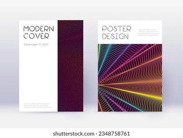 Minimal cover design template set. Rainbow abstract lines on wine red background. Decent cover design. Curious catalog, poster, book template etc.