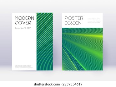 Minimal cover design template set. Green abstract lines on dark background. Cute cover design. Sightly catalog, poster, book template etc.