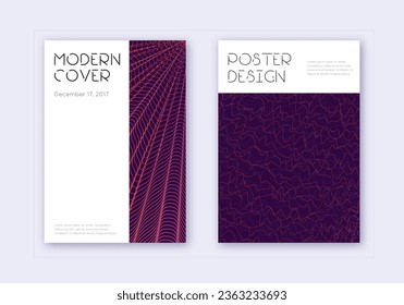 Minimal cover design template set. Violet abstract lines on dark background. Delicate cover design. Alluring catalog, poster, book template etc.