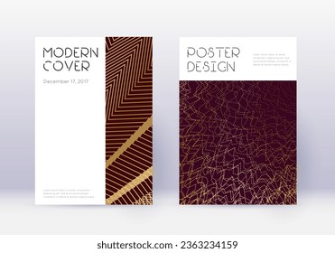 Minimal cover design template set. Gold abstract lines on maroon background. Cute cover design. Curious catalog, poster, book template etc.