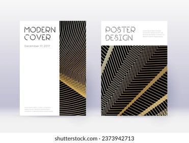 Minimal cover design template set. Gold abstract lines on black background. Cute cover design. Alive catalog, poster, book template etc.
