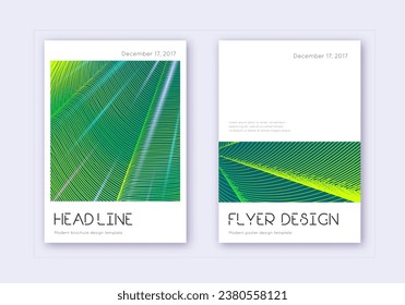 Minimal cover design template set. Green abstract lines on dark background. Delightful cover design. Beautiful catalog, poster, book template etc.