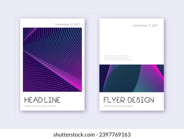 Conjunto mínimo de plantillas de diseño de portada. Líneas abstractas neón sobre fondo azul oscuro. Delicioso diseño de portada. Catálogo indeleble, afiche, plantilla de libro, etc.