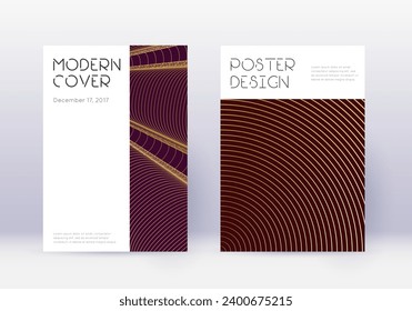 Minimal cover design template set. Gold abstract lines on maroon background. Cute cover design. Impressive catalog, poster, book template etc.