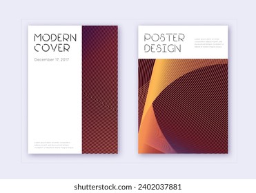 Minimal cover design template set. Orange abstract lines on wine red background. Dazzling cover design. Majestic catalog, poster, book template etc.
