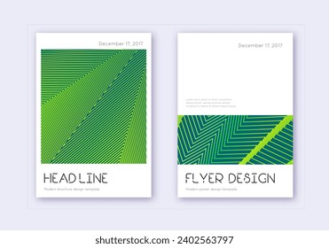 Minimal cover design template set. Green abstract lines on dark background. Delightful cover design. Comely catalog, poster, book template etc.
