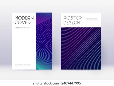 Conjunto mínimo de plantillas de diseño de portada. Líneas abstractas neón sobre fondo azul oscuro. Diseño de la cubierta deslumbrante. Divertido catálogo, afiche, plantilla de libro, etc.