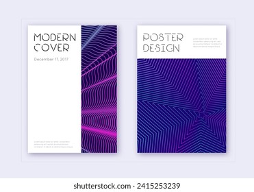 Minimal cover design template set. Neon abstract lines on dark blue background. Dazzling cover design. Dramatic catalog, poster, book template etc.