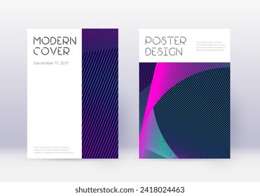 Minimal cover design template set. Neon abstract lines on dark blue background. Dazzling cover design. Beautiful catalog, poster, book template etc.