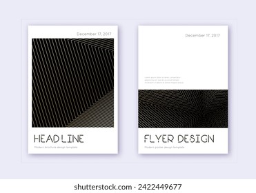 Conjunto mínimo de plantillas de diseño de portada. Líneas abstractas de oro sobre fondo negro. Delicado diseño de la cubierta. Catálogo majestuoso, afiche, plantilla de libro, etc.