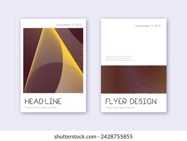 Minimal cover design template set. Gold abstract lines on maroon background. Delightful cover design. Actual catalog, poster, book template etc.