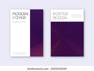 Minimal cover design template set. Violet abstract lines on dark background. Delicate cover design. Authentic catalog, poster, book template etc.