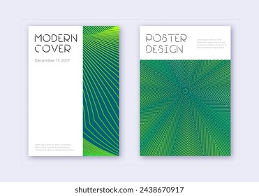 Minimal cover design template set. Green abstract lines on dark background. Cute cover design. Pleasing catalog, poster, book template etc.