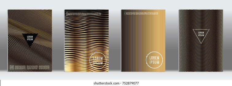 Minimal Cover in Gold. Vector Geometric Abstract Line Pattern for Poster Design. Set of Minimal Covers for Business Brochures. Gold Black Banner Background. Graphic Pattern for Annual Album Backdrop.