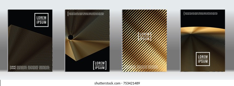 Minimal Cover in Gold. Vector Geometric Abstract Line Pattern for Poster Design. Set of Minimal Covers for Business Brochures. Gold Black Banner Background. Graphic Pattern for Annual Album Backdrop.