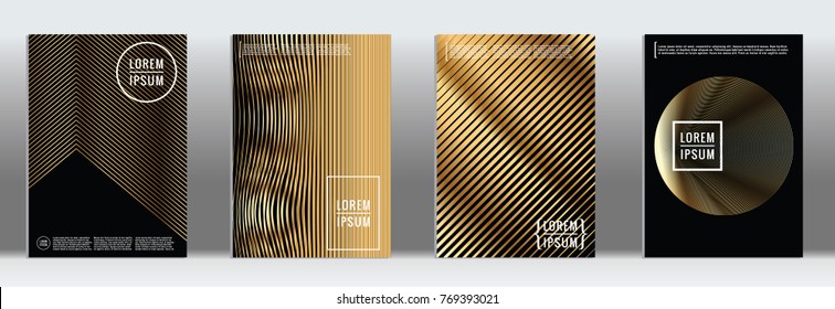 Minimal Cover in Gold. Vector Geometric Abstract Line Pattern for Poster Design. Set of Minimal Covers for Business Brochures. Gold Black Banner Background. Graphic Pattern for Annual Album Backdrop.