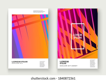 Minimal cover set design vector illustration. Neon halftone pink blue gradient. Abstract retro 80s style texture geometric pattern lines. Striped minimalist trend background. Modern template design
