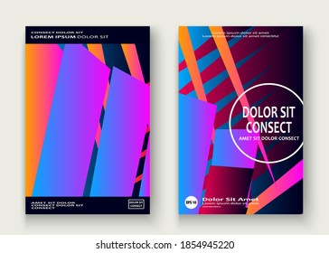 Minimal cover set design vector illustration. Neon blurred pink blue gradient. Abstract retro 80s style texture geometric pattern lines. Striped minimalist trend background. Modern template design