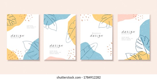 Diseño de plantillas de cubierta mínima con patrones abstractos y dibujo de contorno de hoja natural, perfecto para folletos, volantes, uso de afiches
