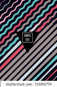 Minimal cover template. Flat geometric linear abstract poster design. Simple dynamic hipster red, pink, grey, blue, turquoise minimal cover. Lines, waves, stripes halftone background. Cool modern book