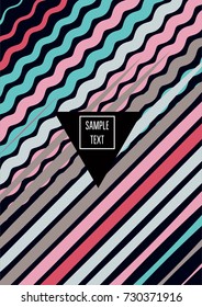 Minimal cover template. Flat geometric linear abstract poster design. Simple dynamic hipster red, pink, grey, blue, turquoise minimal cover. Lines, waves, stripes halftone background. Cool modern book
