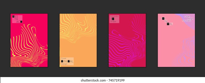 Minimal cover templates with marble striped texture. Abstract bright color splash background. Social media web banner. Future geometric design with marbling pattern on gradient backdrop.