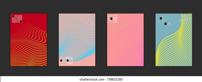 Minimal cover templates with marble striped texture. Abstract bright color splash background. Social media web banner. Future geometric design with marbling pattern on gradient backdrop.