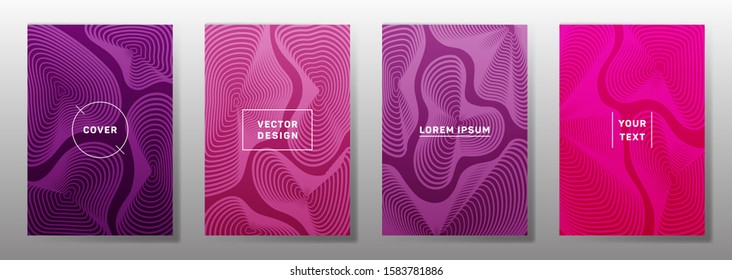 Minimal cover templates set. Fluid curve shapes geometric lines patterns. Geometric backgrounds for cataloges, corporate brochures. Line stripes graphics, title elements. Annual report covers.