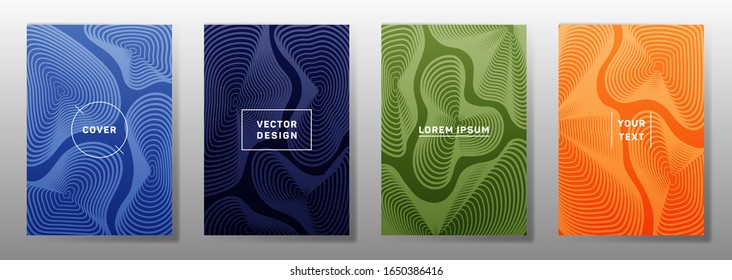 Conjunto mínimo de plantillas de portada. La curva fluida da forma a los patrones de líneas geométricas. Modernos fondos para catálogos, revista de negocios. Textura de líneas, elementos de título de encabezado. El informe anual abarca el tema.