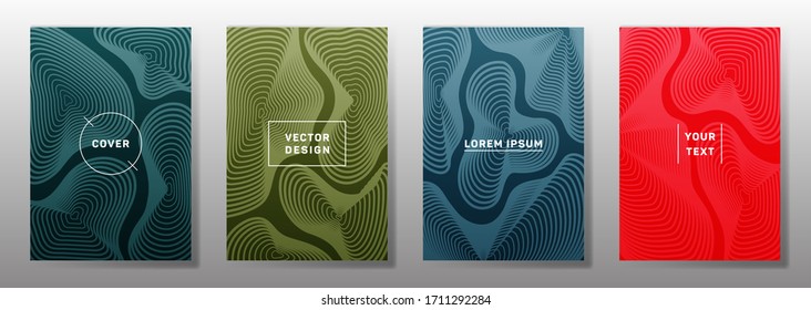 Conjunto mínimo de plantillas de portada. La curva fluida da forma a los patrones de líneas geométricas. Cartel lineal, volante, fondos vectoriales banner. Modalidades de línea, elementos de encabezado. Plantillas de portada.