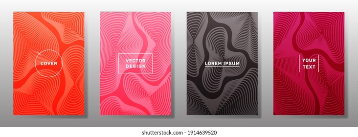Minimal cover templates set. Fluid curve shapes geometric lines patterns. Geometric poster, flyer, banner vector backgrounds. Lines texture, header title elements. Annual report covers.