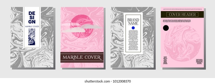 Minimal Cover Templates Set. Hipster Marble Pattern. Cool Bright Trendy Pink, Blue, Turquoise Stone Texture. Elegant Corporate VIP Minimal Cover Templates. Funky Futuristic Hipster Marble Texture