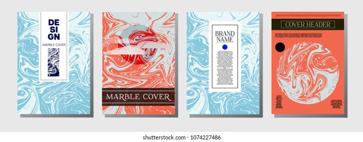 Minimal Cover Templates Set. Hipster Marble Pattern. Vivid Pink, Blue Turquoise Invitation Spring Background. Chick VIP Luxury, Rich Minimal Cover Templates. Ebru Suminagashi Liquid Marble Texture