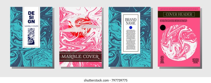 Minimal Cover Templates Set. Hipster Marble Pattern. Cool Bright Trendy Pink, Blue, Turquoise Stone Texture. Geometric Corporate Minimal Cover Templates. Funky Futuristic Hipster Marble Texture