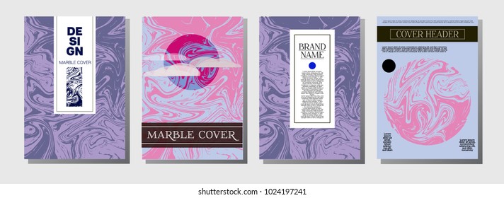Minimal Cover Templates Set. Marble Striped Background. Cool Bright Trendy Pink, Blue, Turquoise Stone Texture. Chick VIP Luxury, Rich Minimal Cover Templates. Ebru Liquid Paint Ads Marble Texture