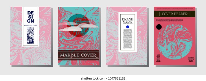 Minimal Cover Templates Set. Marble Business Card. Vivid Crazy Pink, Blue, Turquoise Paper Background. Abstract Geometric VIP Minimal Cover Templates. Ebru Liquid Paint Ads Marble Texture