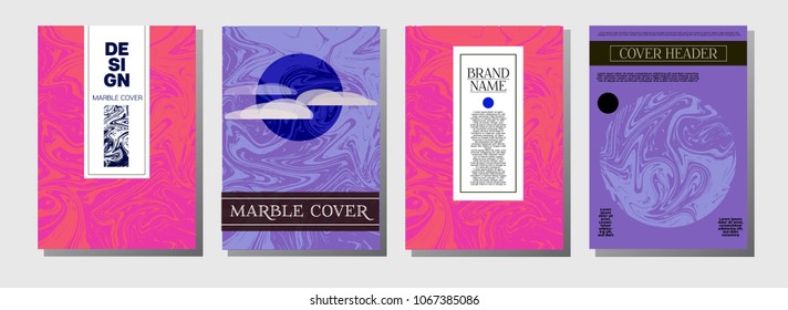 Minimal Cover Templates Set. Marble Business Card. Vivid Crazy Pink, Blue, Turquoise Paper Background. Geometric Rich Elegant Minimal Cover Templates. Ebru Liquid Paint Ads Marble Texture