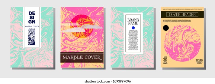 Minimal Cover Templates Set. Marble Business Poster. Iridescent Trendy Pink, Blue, Turquoise Paper Texture. Geometric Corporate Minimal Cover Templates. Trendy Ebru Liquid Paint Marble Texture