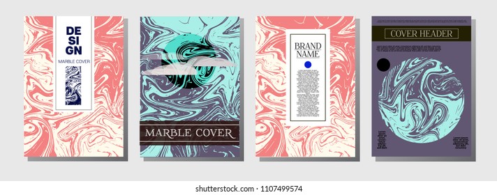Minimal Cover Templates Set. Marble Business Poster. Vivid Crazy Pink, Blue, Turquoise Paper Background. Geometric VIP Luxury Minimal Cover Templates. Trendy Ebru Liquid Paint Marble Texture