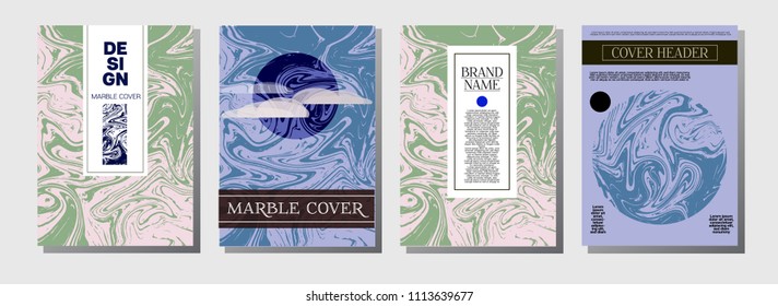 Minimal Cover Templates Set. Marble Business Poster. Vivid Crazy Pink, Blue, Turquoise Paper Background. Abstract Geometric VIP Minimal Cover Templates. Ebru Liquid Paint Ads Marble Texture
