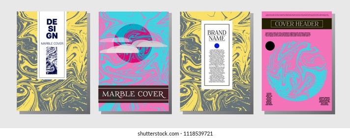 Minimal Cover Templates Set. Marble Striped Background. Vivid Pink, Blue Turquoise Invitation Spring Background. Geometric Rich Elegant Minimal Cover Templates. Ebru Suminagashi Liquid Marble Texture