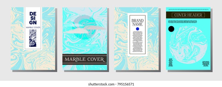 Minimal Cover Templates Set. Marble Business Poster. Vivid Crazy Pink, Blue, Turquoise Paper Background. Geometric VIP Luxury Minimal Cover Templates. Ebru Suminagashi Liquid Marble Texture