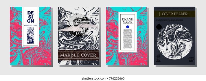 Minimal Cover Templates Set. Marble Corporate Identity. Iridescent Trendy Pink, Blue, Turquoise Paper Texture. Geometric Corporate Minimal Cover Templates. Ebru Liquid Paint Ads Marble Texture