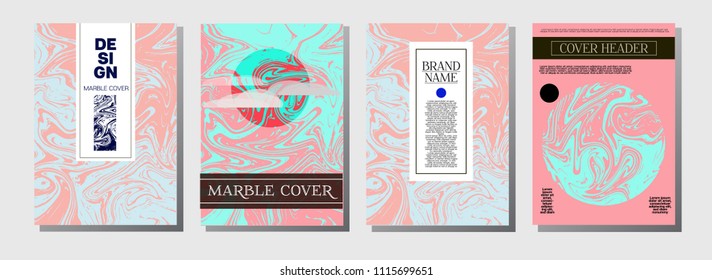 Minimal Cover Templates Set. Realistic Marble Pattern. Iridescent Trendy Pink, Blue, Turquoise Paper Texture. Geometric VIP Luxury Minimal Cover Templates. Ebru Liquid Paint Ads Marble Texture