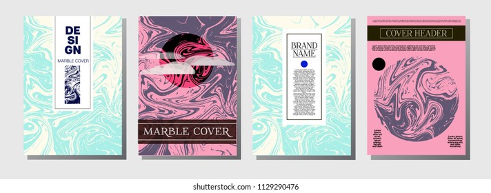 Minimal Cover Templates Set. Realistic Marble Pattern. Vivid Pink, Blue Turquoise Invitation Spring Background. Geometric Rich Elegant Minimal Cover Templates. Ebru Suminagashi Liquid Marble Texture
